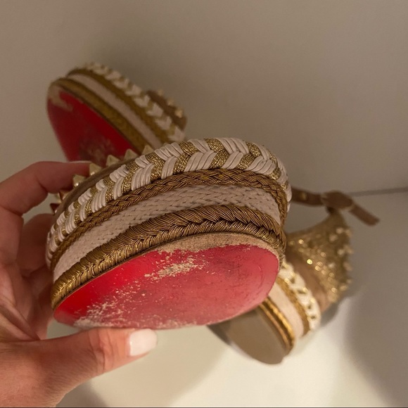 ❤️ Sold Christian louboutin Madmonica Espadrilles Wedge Sandals Spike Gold - Picture 6 of 14